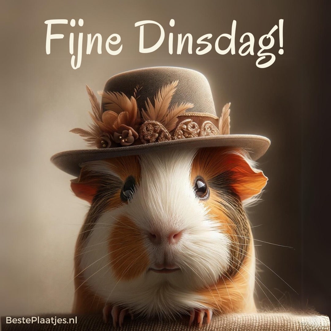 Een schattige cavia draagt een hoed versierd met veren en bloemen, tekst 'Fijne Dinsdag!'