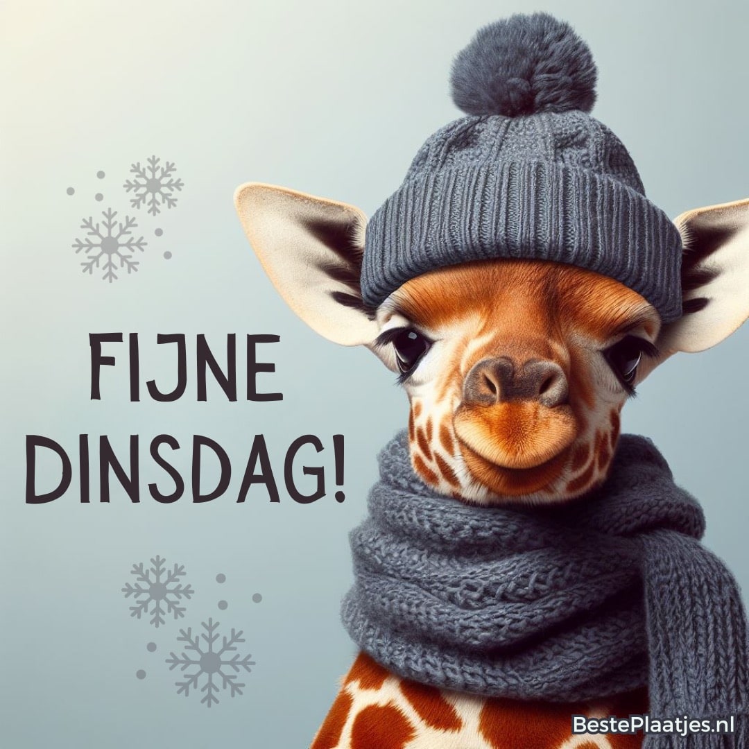 Een giraf met muts en sjaal wenst je 'Fijne Dinsdag!' met sneeuwvlokken op de achtergrond