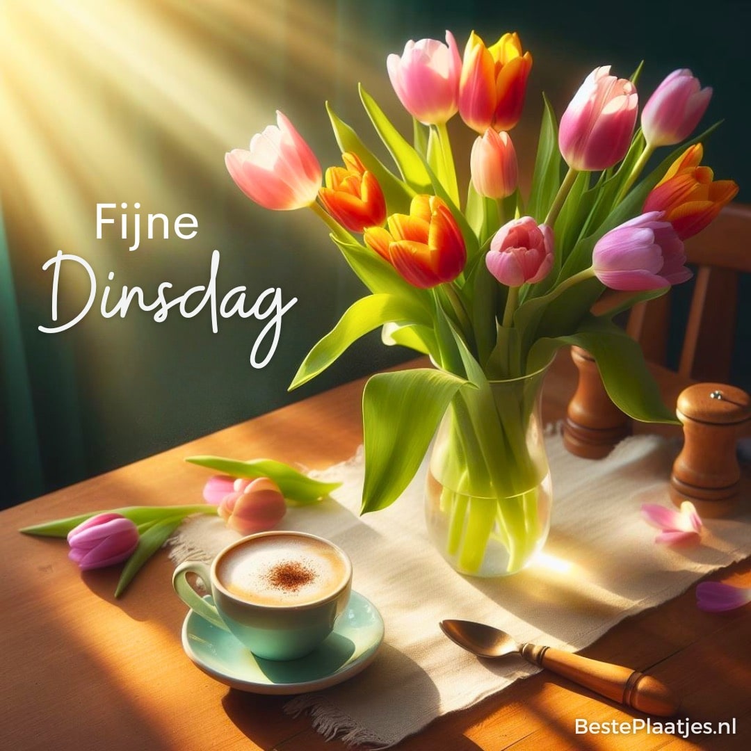Bos tulpen in vaas op tafel met kop koffie in zonlicht en de tekst ‘Fijne dinsdag’