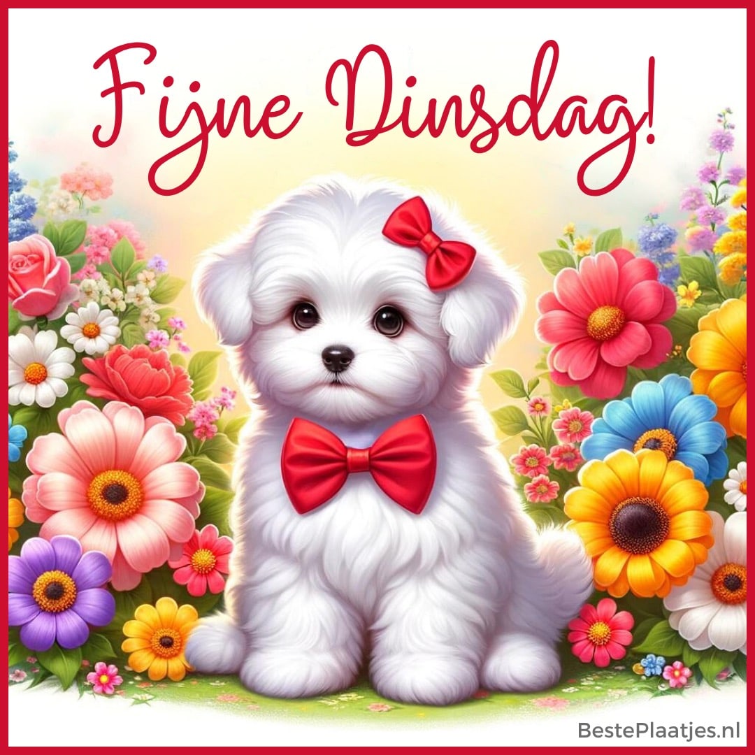Witte puppy met rode strikjes tussen kleurrijke bloemen met de tekst: Fijne dinsdag!