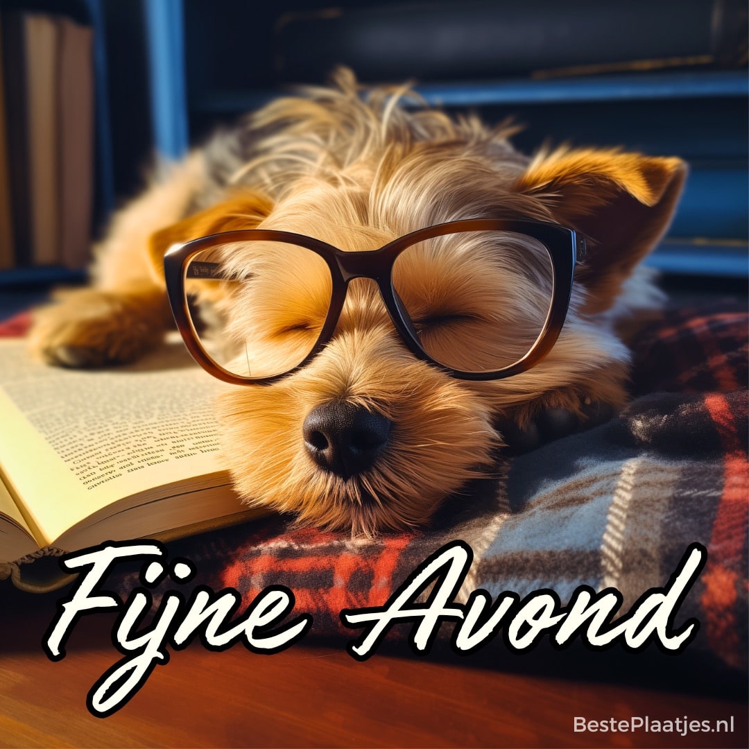 Slapende hond met bril naast een open boek op een plaid, met de tekst ‘Fijne avond’
