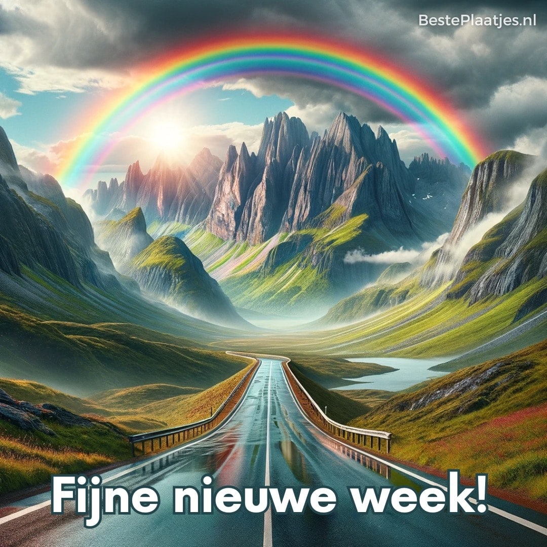 Op weg naar avontuur onder een betoverende regenboog. Een weg slingert door een majestueuze bergvallei met een regenboog die over scherpe toppen schijnt