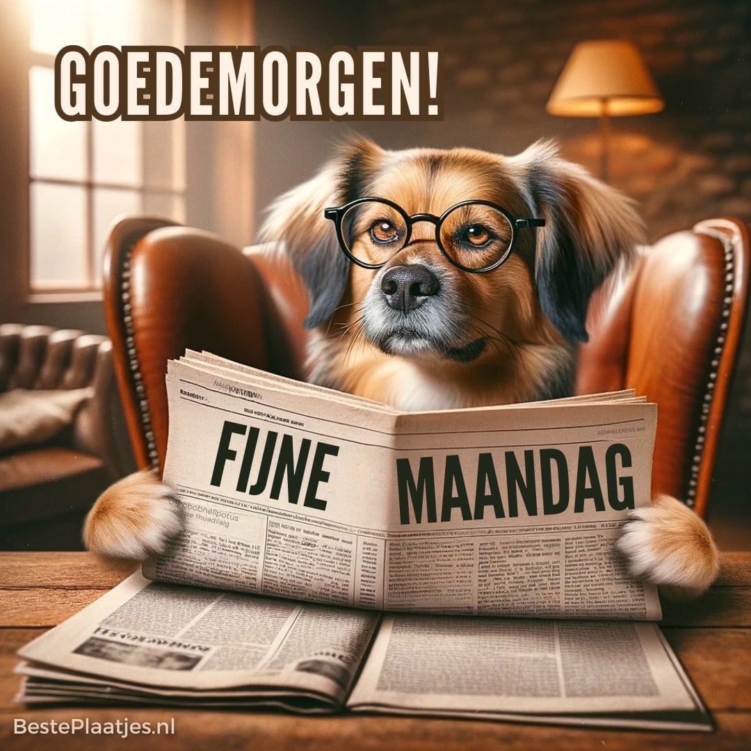 Een goed geïnformeerde hond begint de week met het laatste nieuws. Een hond met bril leest een krant in een leunstoel met op de achtergrond een lamp