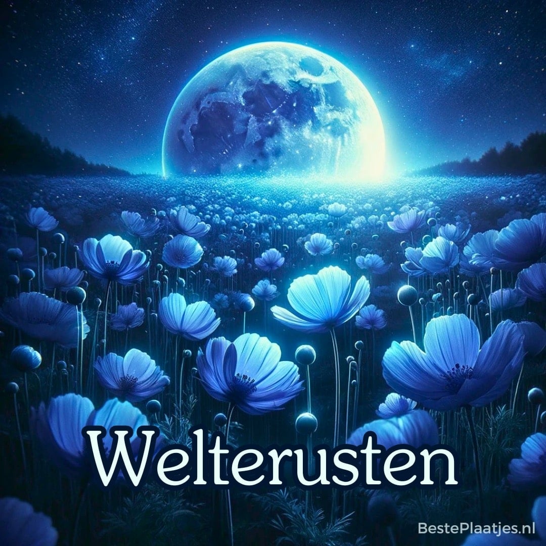 Maan boven een veld met blauwe bloemen in nachtlicht, met de tekst welterusten